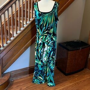 Roz & Ali Tropical Maxi Tank Dress Size 18W Blues and Greens with Tie Belt